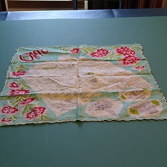 Vintage Ohio Map Handkerchief Floral scalloped Edges Travel Towns Building's - Picture 7 of 8